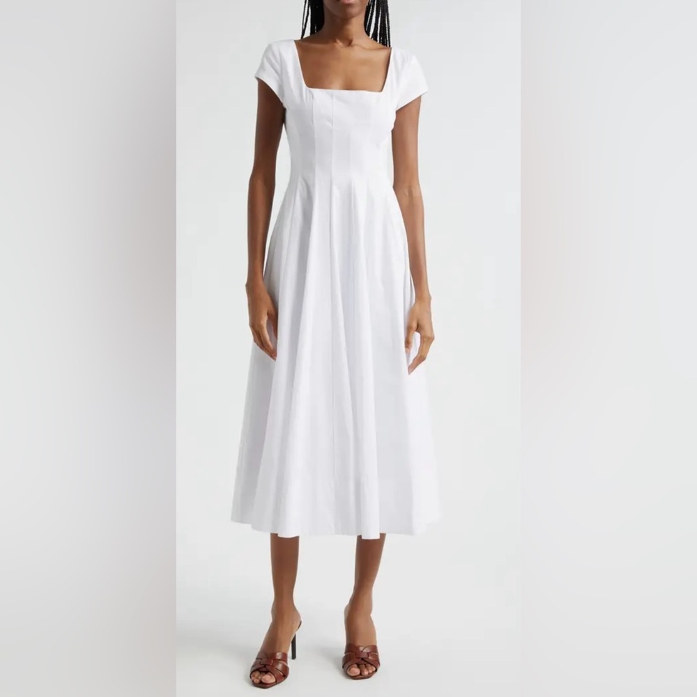NWOT STAUD Wells Stretch Cotton Cap Sleeve White Midi Dress sz 2